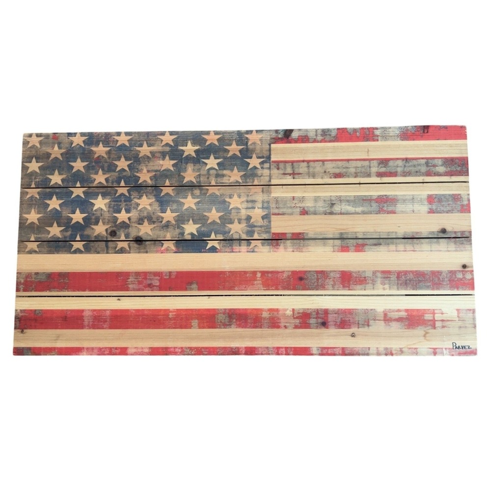 Signed Parvez Taj Wooden U.S. Flag Art Patriotic SZ: 31"x15"